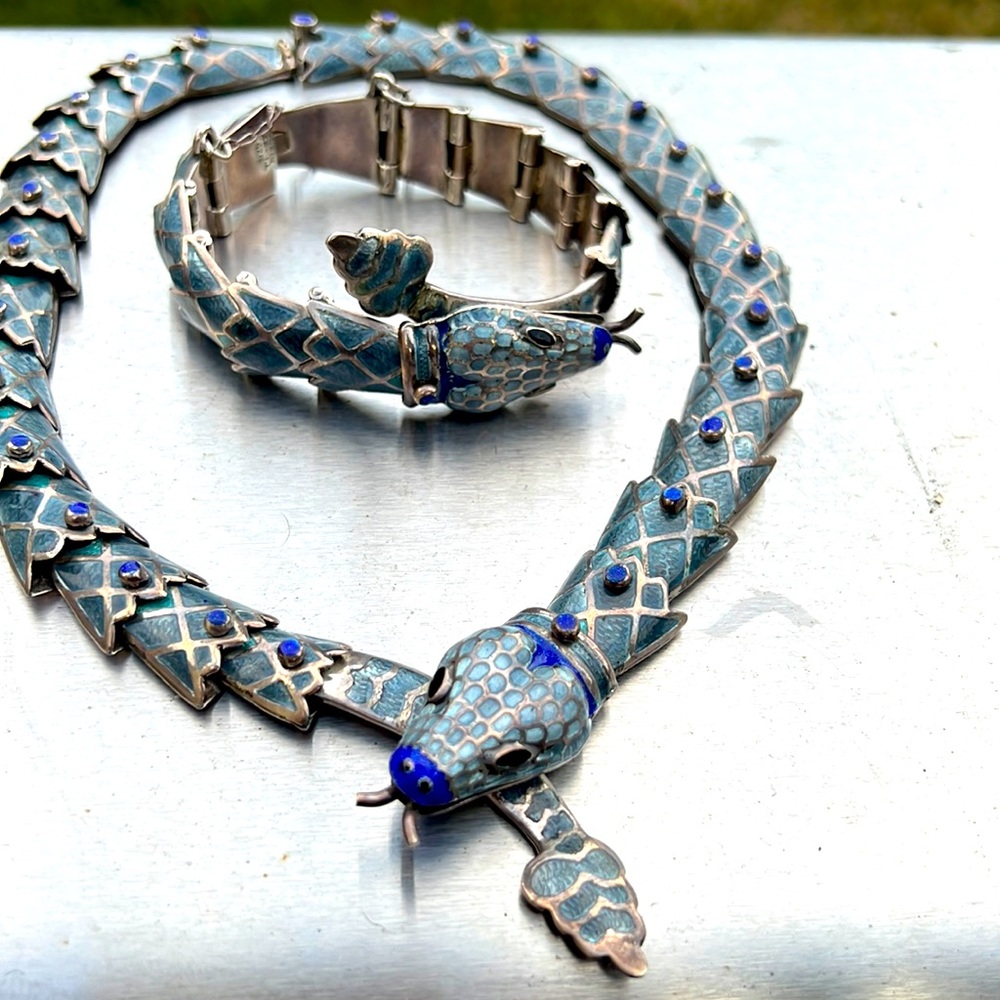 Margot De Taxco Enamel Snake design Necklace By JF Sterling Silver